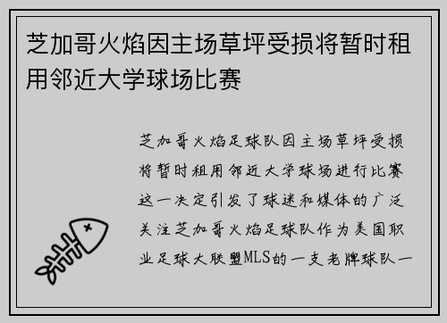 芝加哥火焰因主场草坪受损将暂时租用邻近大学球场比赛